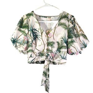 New A.PEACH Large White, Green Tropical, Balloon-Sleeve, Cropped, Tie Front Top